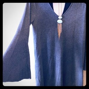 Textured Gray Bell Sleeve Sweater Dress